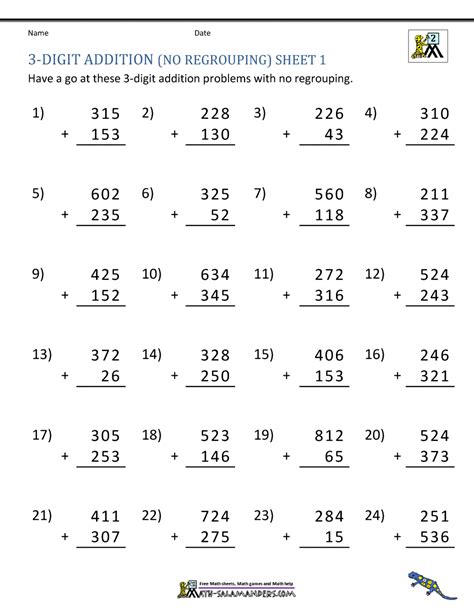 adding 3 digit numbers worksheets|Three.